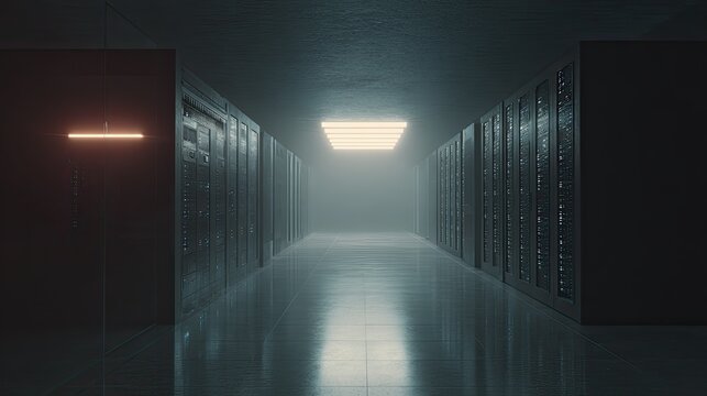 Server room corridor featuring rows of modern data racks storing digital information, glowing with cool light and diffusing fog, depicting global network technology and big data storage