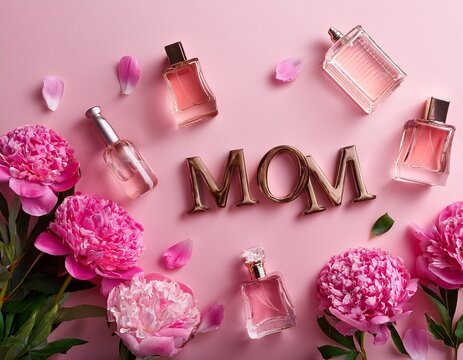 Top view of mom letters made with pink glass perfumes and pink peony flowers bouquet on pink background with copy space. Mother' s day concept