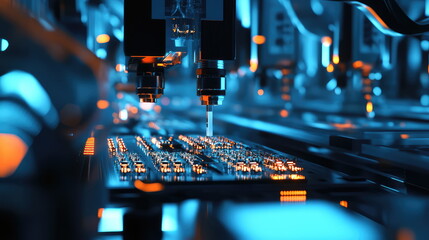 Obraz premium Robotic arm precisely placing components onto a circuit board, illustrating advanced automation, high technology, and sophisticated engineering in modern electronics manufacturing processes