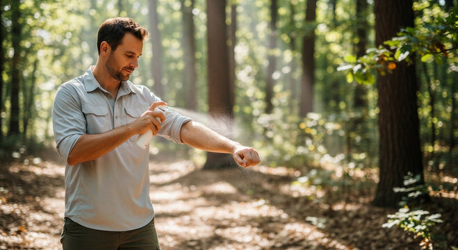Man applying insect repellent on his arm while standing in the forest  