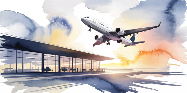 Watercolor Airplane Taking Off from Modern Airport Terminal at Sunset
