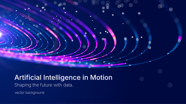 Futuristic background with glowing curved lines and light particles forming a circular motion on deep blue background, representing data flow, artificial intelligence, digital networks and technology.