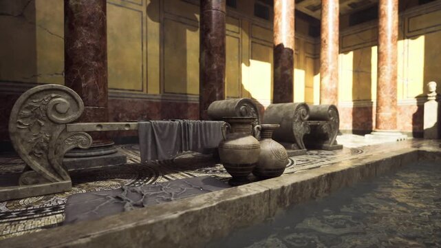Golden roman courtyard with amphorae and sunlit columns long shadows and soft reflections create calm mood and sense of timeless domestic space