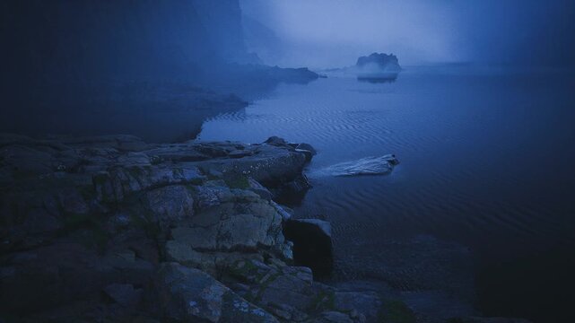 Moonlit rocky coastline draped in mist, jagged cliffs meet calm navy sea, distant islet barely visible through low fog, soft lunar glow reflecting on rippling