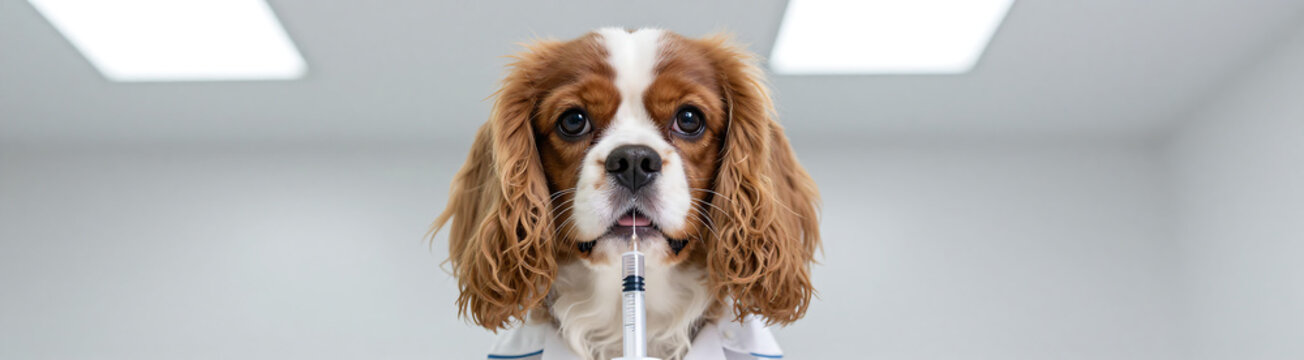 cavalier king charles spaniel wearing white coat holding syringe mouth set plain clinical background