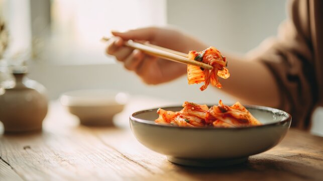 Food stylist using chopsticks lifts kimchi above bowl while seated at table