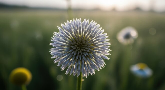 Close-up macro photograph of a spherical grey flower head with delicate petals backlit by soft golden hour sunlight