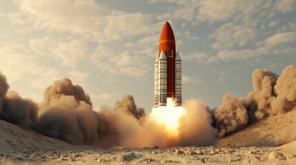 Fototapeta premium Space rocket launching from a desert landscape, leaving billowing smoke and fire as it ascends into the sky, symbolizing exploration, ambition, and innovation