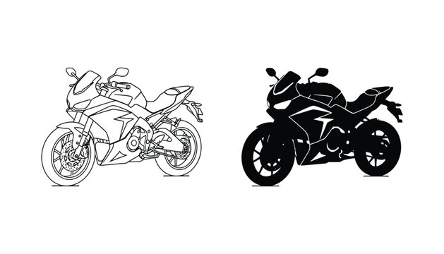 Sport motorcycle icon in technical outline and solid black silhouette styles for automotive branding and racing theme design elements