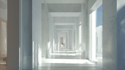 Naklejka premium Abstract architectural space featuring a long corridor with symmetrical marble columns, creating a sense of depth and luxury through strong light and shadow plays
