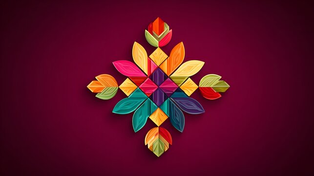 Symmetrical floral mandala pattern made of colorful paper leaves on a dark solid burgundy