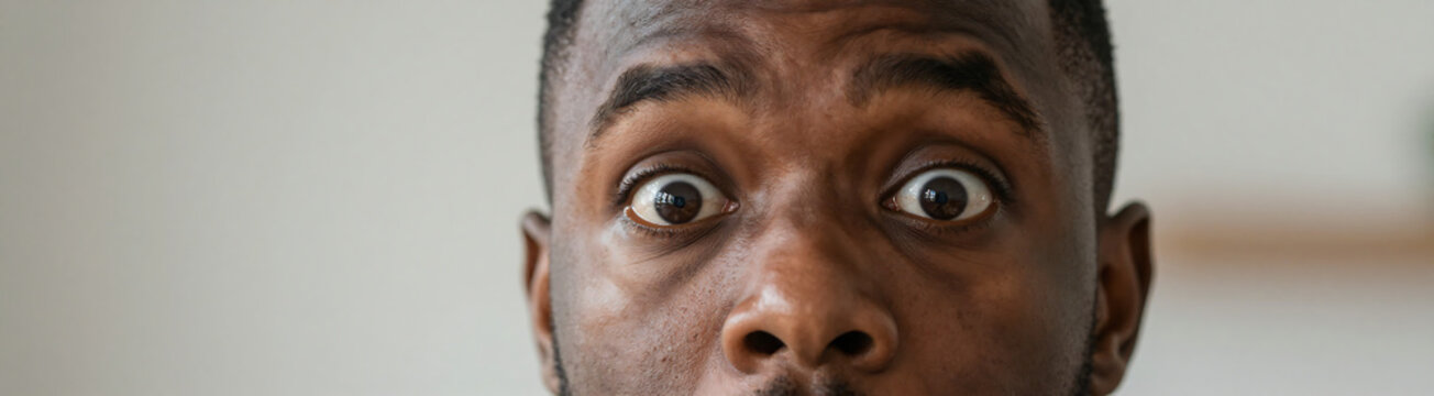 surprised african american male face wide open eyes set shallow focus background soft natural