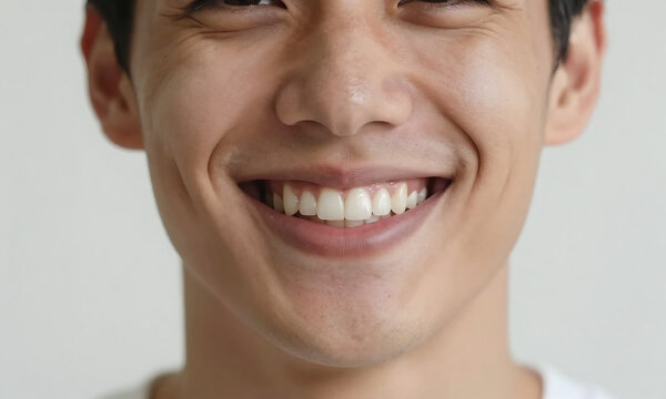 american male smiling face showcasing straight teeth complexion soft natural light