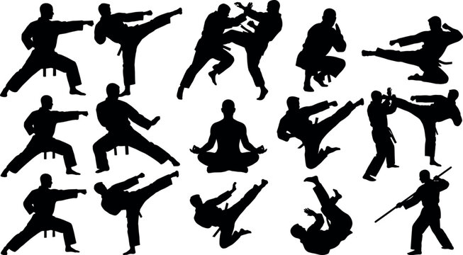 Martial Arts and Karate Fighter Silhouette Collection Featuring Combat Poses and Self Defense Vector Illustrations