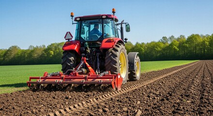 Fototapeta premium Red tractor plowing soil in a green field on a sunny day 