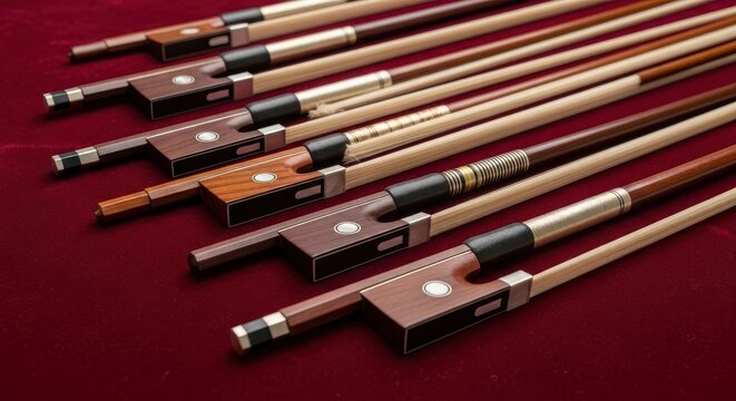 Array of Intricately Designed Violin Bows Displayed Artistically