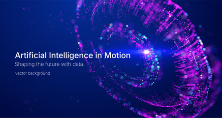 Fototapeta premium Futuristic artificial intelligence data wave visualization with glowing particles and neural network structure. Abstract digital background for analytics, big data and technology concepts. 
