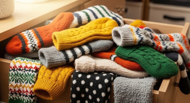 A pile of cozy knitted socks featuring varied patterns and textures for ultimate warmth and comfort