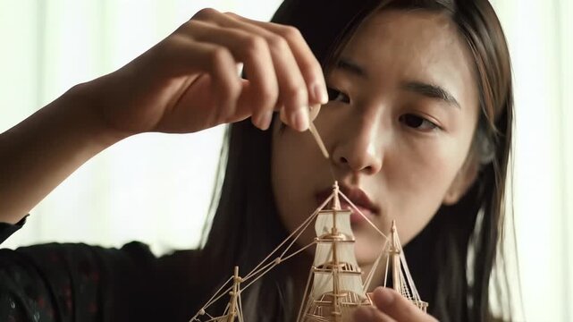 Young Asian Woman Focused Hobbyist Building Miniature Wooden Sailing Ship Model In Soft Indoor Lighting