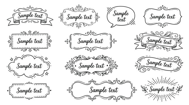 Decorative text frames collection, hand drawn vintage elements, borders, speech bubbles, ribbons, and ornate labels