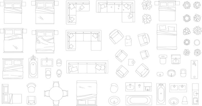 Architectural floor plan furniture symbols set including beds sofas chairs tables and bathroom fixtures in a clean vector line drawing style