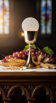 Sacred Eucharist worship: Corpus Christi, religious ritual, Christ body, holy communion, sacred feast, blessed sacrament, golden chalice, unleavened wafer, wheat ear, red grape, spiritual celebration.