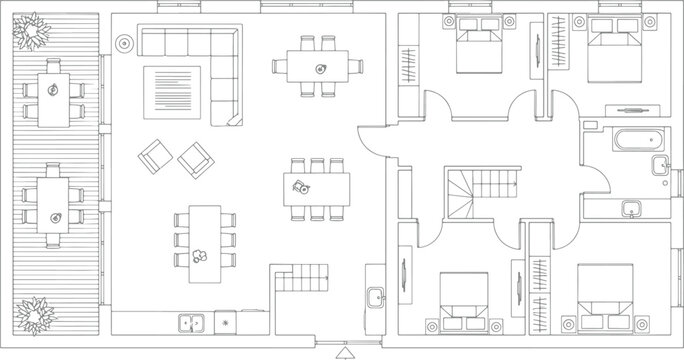 Architectural floor plan of a modern residential house featuring multiple bedrooms living area dining space and outdoor terrace deck