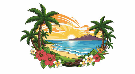 Fototapeta premium Pixel art tropical beach scene with palm trees, flowers, and a vibrant sunset over the ocean