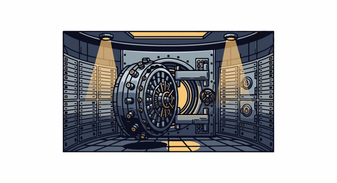 Pixel art vault interior with large, open circular door and rows of safe deposit boxes