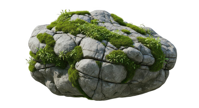 Large natural rock covered with green moss patches, isolated on transparent