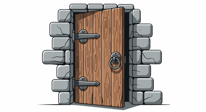 Pixel art castle door, open, made of wood and stone, with hinges