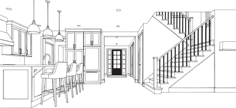 Interior design sketch of a modern open plan kitchen and staircase featuring bar stools and pendant lighting in black and white line art