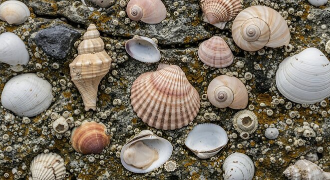 Assorted Seashells Resting on Barnacle Covered Rocky Shore