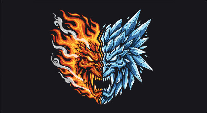 Pixel art duality of fire and ice monster faces roaring