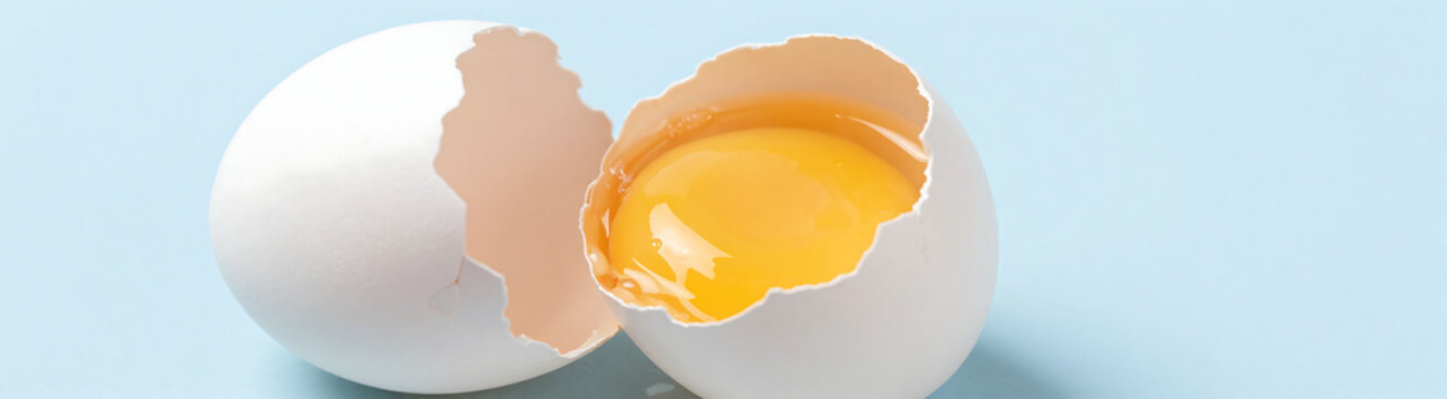 shot cracked white egg shell vibrant yellow yolk bursting set soft blue pastel background subtle