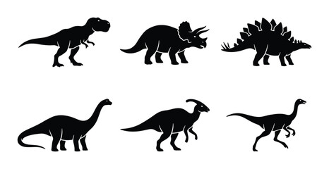 Collection of Six Dinosaur Silhouettes, Prehistoric Reptile Icons, Ancient Creature Vector Graphics, Jurassic Period Wildlife Set © Saimon