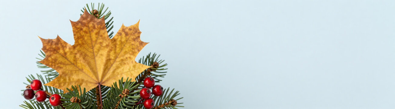 shot festive holiday arrangement featuring autumn leaf berry christmas tree soft pale light blue background