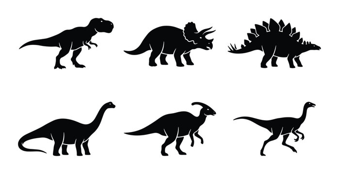Collection of Six Dinosaur Silhouettes, Prehistoric Reptile Icons, Ancient Creature Vector Graphics, Jurassic Period Wildlife Set
