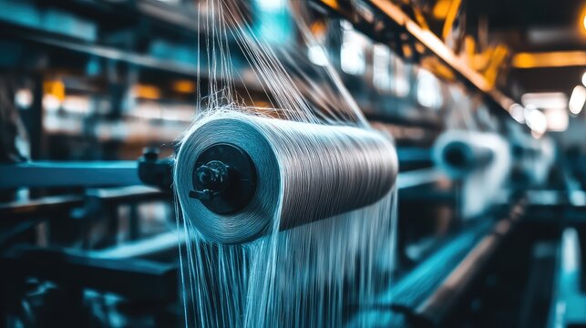 Spool with numerous white fibers unwinding from a large bobbin on an industrial weaving machine, highlighting the intricate process of textile production and manufacturing