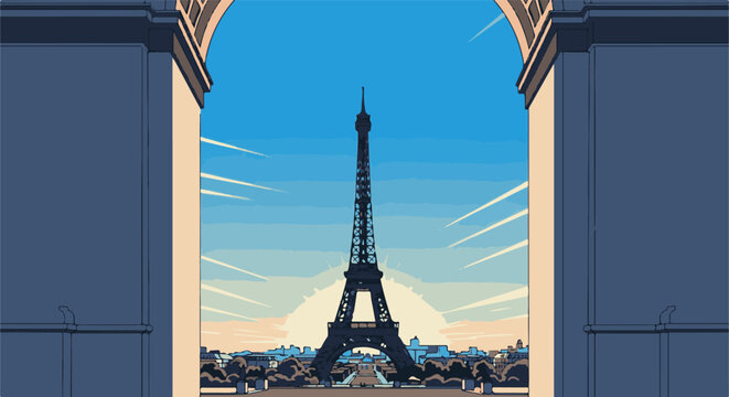 Pixelated view of the Eiffel Tower through a stone archway at sunrise