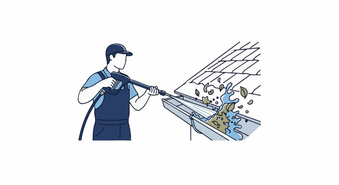 Person pressure washing debris and leaves from a roof gutter