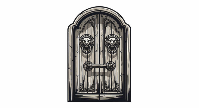 Ornate wooden double doors featuring lion head knockers and a central bar