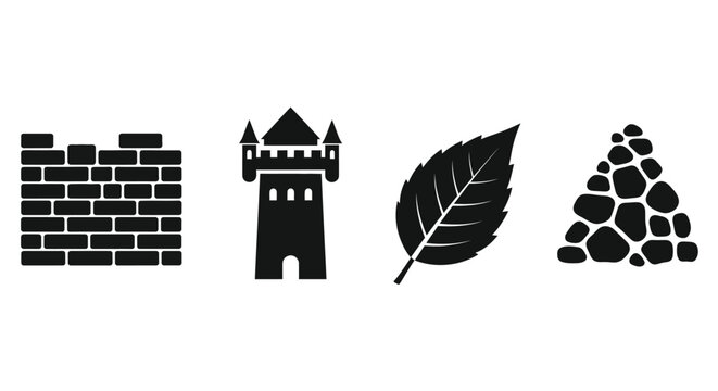 Brick wall castle leaf and rocks silhouettes on white background
