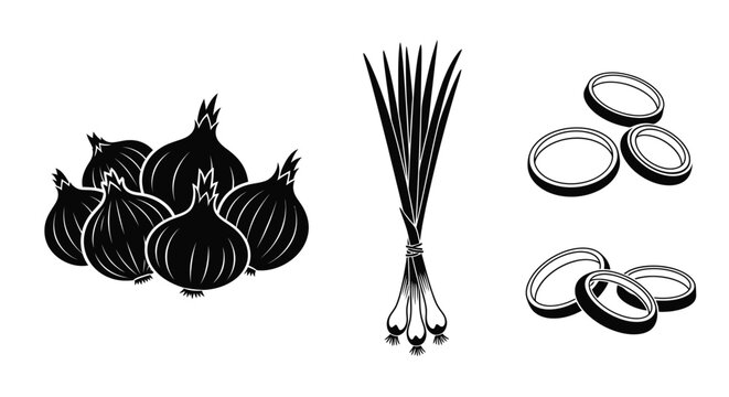 Onions and scallions silhouette with sliced rings black and white silhouette