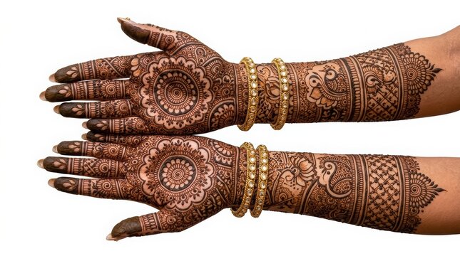 Traditional henna mehndi art on bridal hands, intricate floral pattern body art, gold bangles on decorated indian wedding hands isolated PNG with Transparent Background