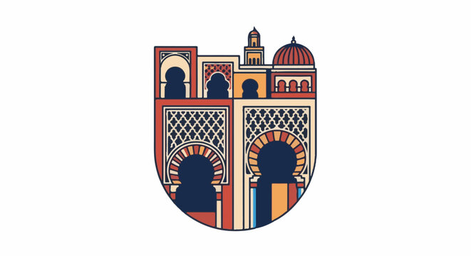 Ornate architectural emblem featuring arches, domes, and geometric patterns
