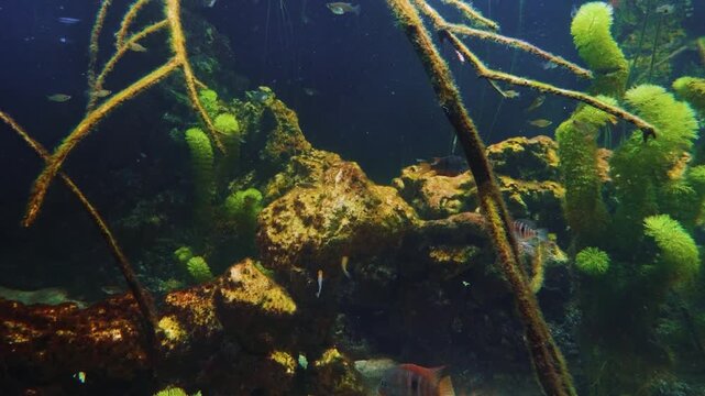 A close up shot of a Harlequin cichlid (Cribroheros robertsoni) swimming in a freshwater aquarium. The fish's distinctive orange and black stripes are visible as it glides past green aquatic plants in