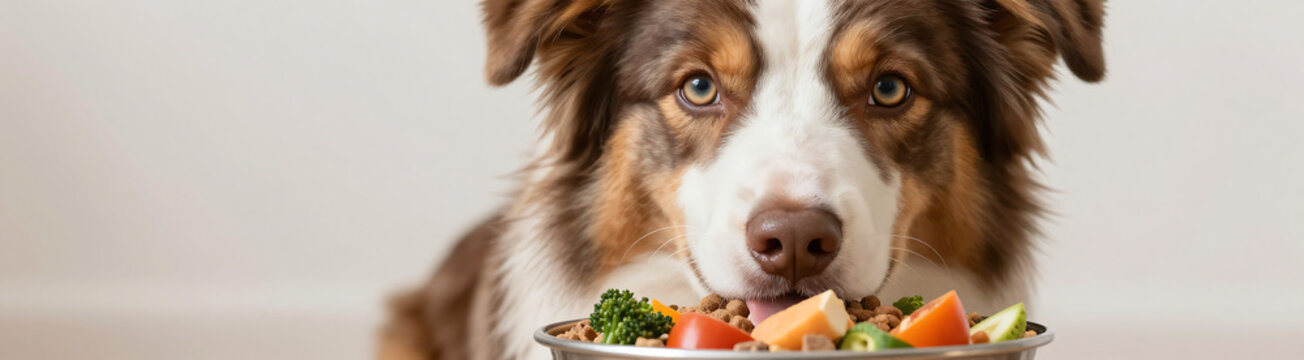 shot vibrant australian shepherd face bowl colorful raw dog food vegetables foreground soft