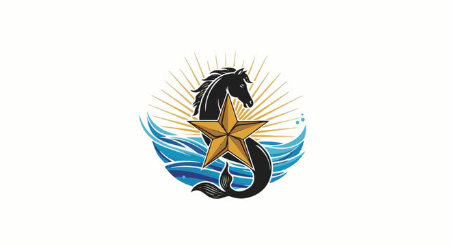 Mythical creature with horse head, starfish, and wavy water