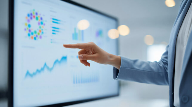 Professional Hand Point to Business Data Charts on Screen Display in Office
